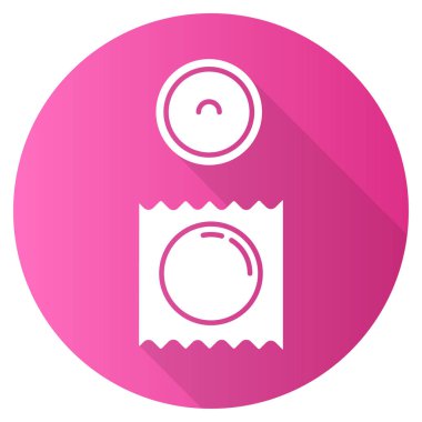 Prezervatif pembe düz dizayn uzun gölge sembolü. Güvenli seks. Erkek koruyucu, kadın doğum kontrol hapı. Doğum kontrol seçeneği. AIDS için koruma. Hamileliği önleme. Vektör silueti çizimi