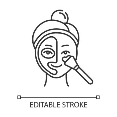 Termal maske doğrusal simgesi uygulanıyor. Cilt bakımı. Yüz güzelliği tedavisi. Dermatoloji, kozmetik, makyaj. İnce çizgili çizim. Contour sembolü. Vektör izole çizim. Düzenlenebilir vuruş