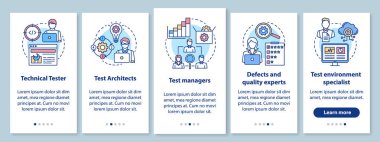 Doğrusal kavramları olan mobil uygulama sayfası ekranında yazılım denemeleri rolleri. Qulity kontrol uzmanları basamaklarda grafik talimatları gözden geçiriyorlar. Ux, Ui, resimli Gui vektör şablonu