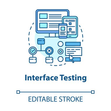 Arayüz test konsepti simgesi. Ux, Ui ince çizgi çizimlerini kontrol edin. Yazılım geliştirme aşaması. Uygulama programlama ve kodlama. Yansıtıyor. Vektör izole çizim. Düzenlenebilir vuruş