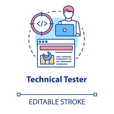 Teknik test konsepti ikonu. Yazılım geliştirme fikri ince çizgi çizimi. Uygulama programlama. Sistem fonksiyonları analizi. Yönetimi yansıtıyor. Vektör izole çizim. Düzenlenebilir vuruş