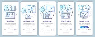 Mobil uygulama sayfa vektör şablonunda yazılım performansı testi. Program kalite kontrolü. Doğrusal çizimler içeren web sitesi adımları. Ux, Ui, Gui akıllı telefon arayüzü kavramı