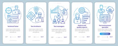Mobil uygulama sayfa vektör şablonu üzerinde yazılım test rolleri. Qulity kontrol uzmanları. Doğrusal çizimler içeren web sitesi adımları. Ux, Ui, Gui akıllı telefon arayüzü kavramı