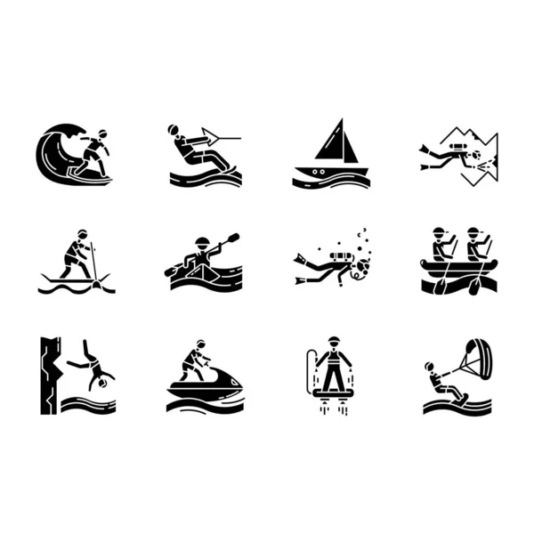 Jeu Icônes Glyphe Sports Nautiques Symboles Silhouette Plongée Sous Marine — Image vectorielle
