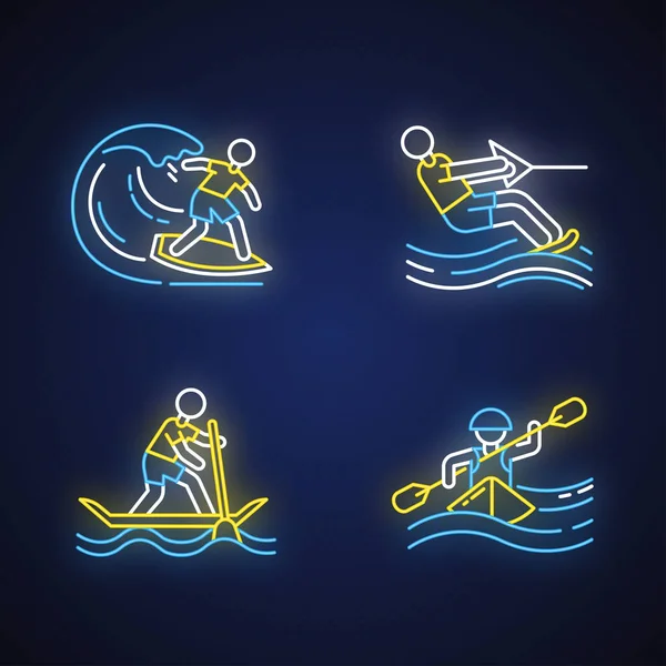 Luce Neon Sport Acquatici Set Icone Surf Sci Nautico Rafting — Vettoriale Stock