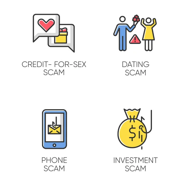 Scam Types Color Icons Set Credit Sex Fraudulent Scheme Phone — Stock Vector