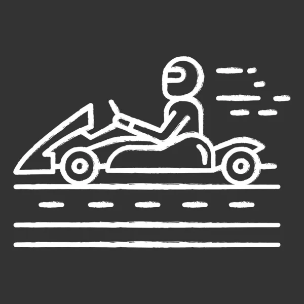 Kart racing chalk icon. Man in karting vehicle on track. Driver in kart car. Open-wheel motorsport. Recreational go-karting. Extreme sport. Isolated vector chalkboard illustration