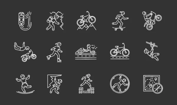 Conjunto Iconos Tiza Deportiva Extrema Escalada Montañismo Deletreando Ciclismo Patinaje — Archivo Imágenes Vectoriales