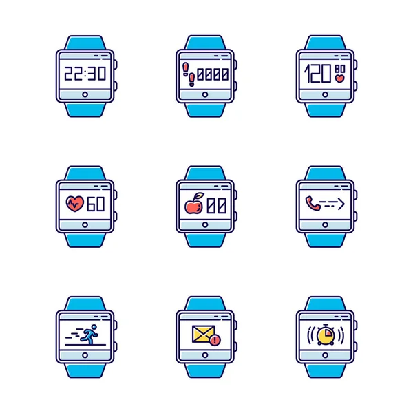 Fitness Tracker Funkciók Színes Ikonok Beállítva Karszalag Smart Watch Képességek — Stock Vector
