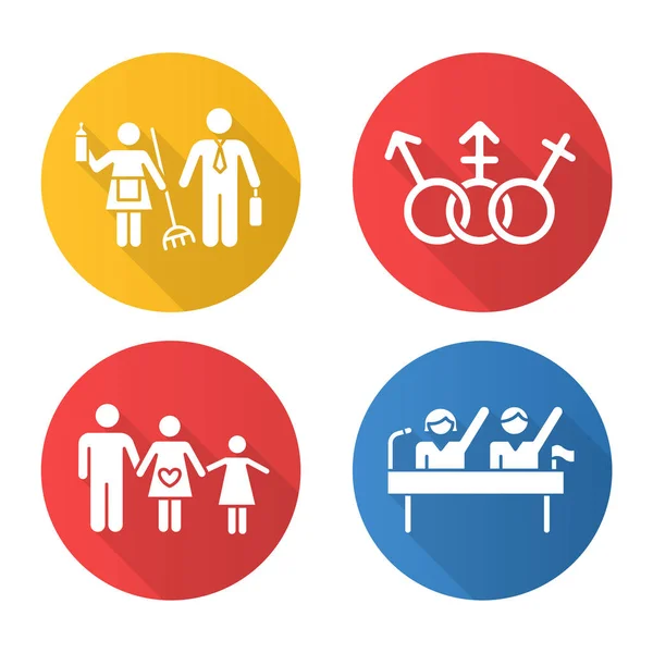 Gender equality flat design long shadow glyph icons set. Politic rights. Transgender, LGBTQ community. Female, male, trans sign. Gender stereotypes. Family planning.Vector silhouette illustration