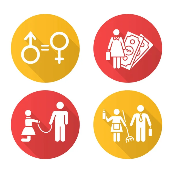 Gender equality flat design long shadow glyph icons set. Female economic activity. Violence against woman. Sexual slavery. Gender stereotypes. Isolated vector Vector silhouette illustration