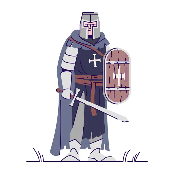 中世纪骑士与剑和盾牌平面矢量插图 装甲模板隔离卡通人物与轮廓元素的白色背景 古老的战士 幻想人物 — 图库矢量图片