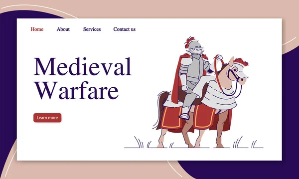 中世戦争ランディングページベクトルテンプレート 軍事史のウェブサイトインターフェイスのアイデアとフラットイラスト 騎士のホームページのレイアウト 中世のウェブバナー ウェブページの漫画の概念 — ストックベクタ