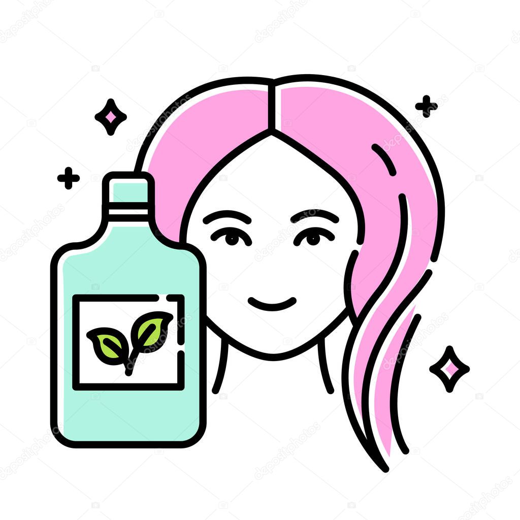 Natural shampoo bottle color icon. SLS, paraben free haircare product. Hygiene. Hypoallergenic, botanical based. Organic cosmetics. Isolated vector illustration