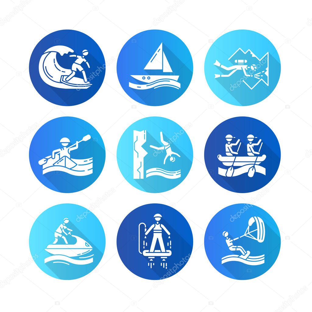 Watersports flat design long shadow glyph icons set. Cave diving, surfing, flyboarding and sailing. Cliff diving, kayaking and windsurfing. Extreme kinds of sports.Vector silhouette illustration