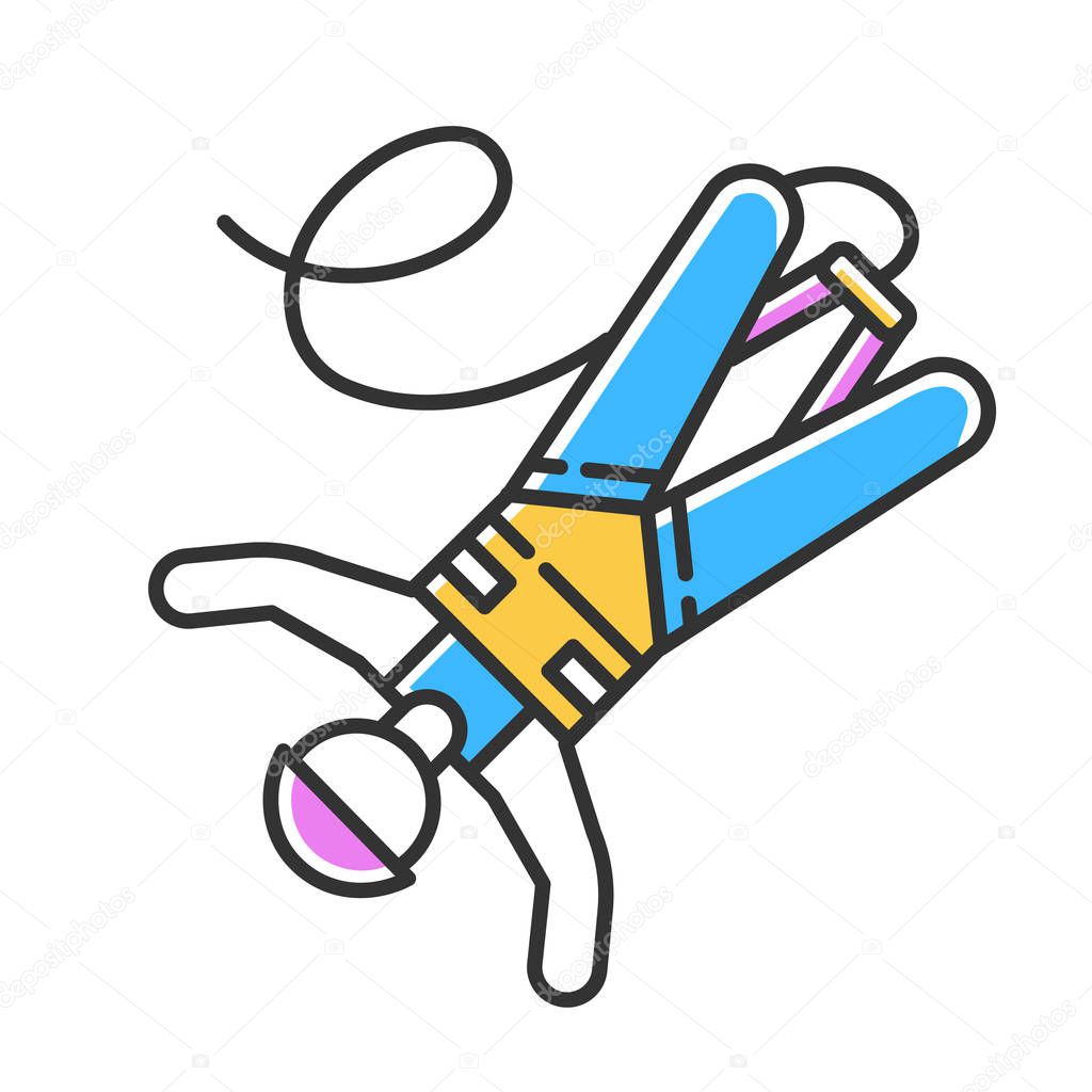 Bungee jumping color icon. Extreme sport. Bungy jumper falling down. Adrenaline recreation. Risky leap with rope. Isolated vector illustration