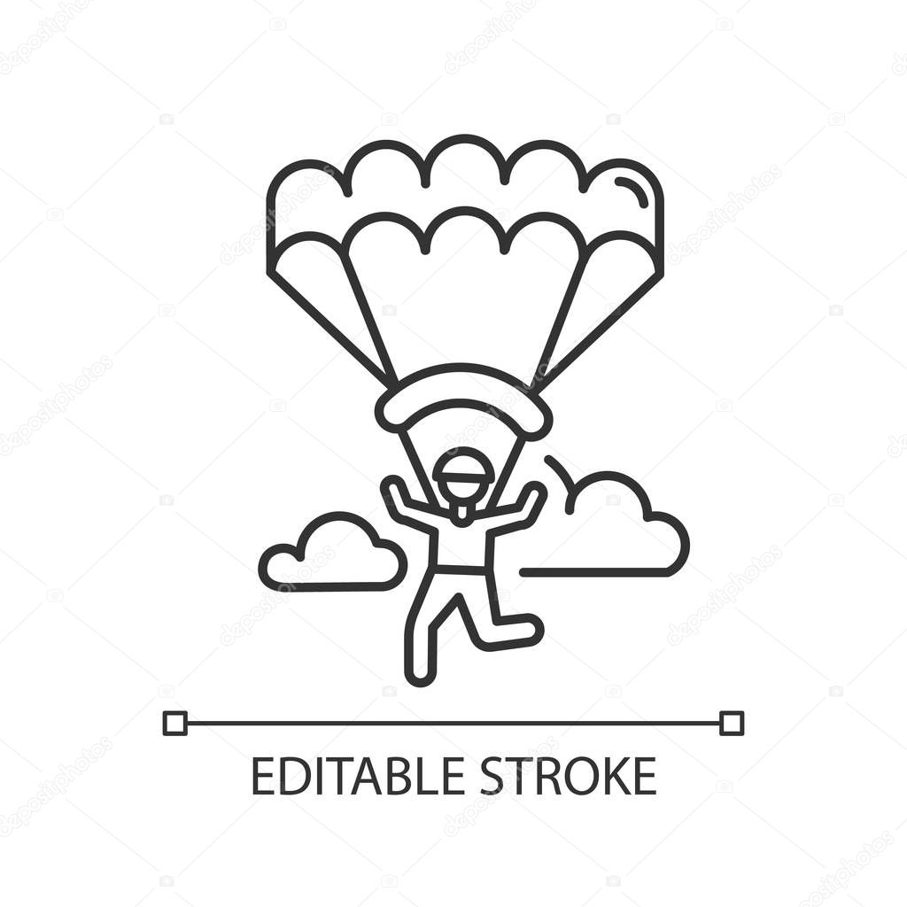 Paragliding linear icon. Parachuting , paratrooping activity. Skydiving, hang gliding recreation. Flights in sky and jumps with parachute. Contour symbol. Vector isolated drawing. Editable stroke