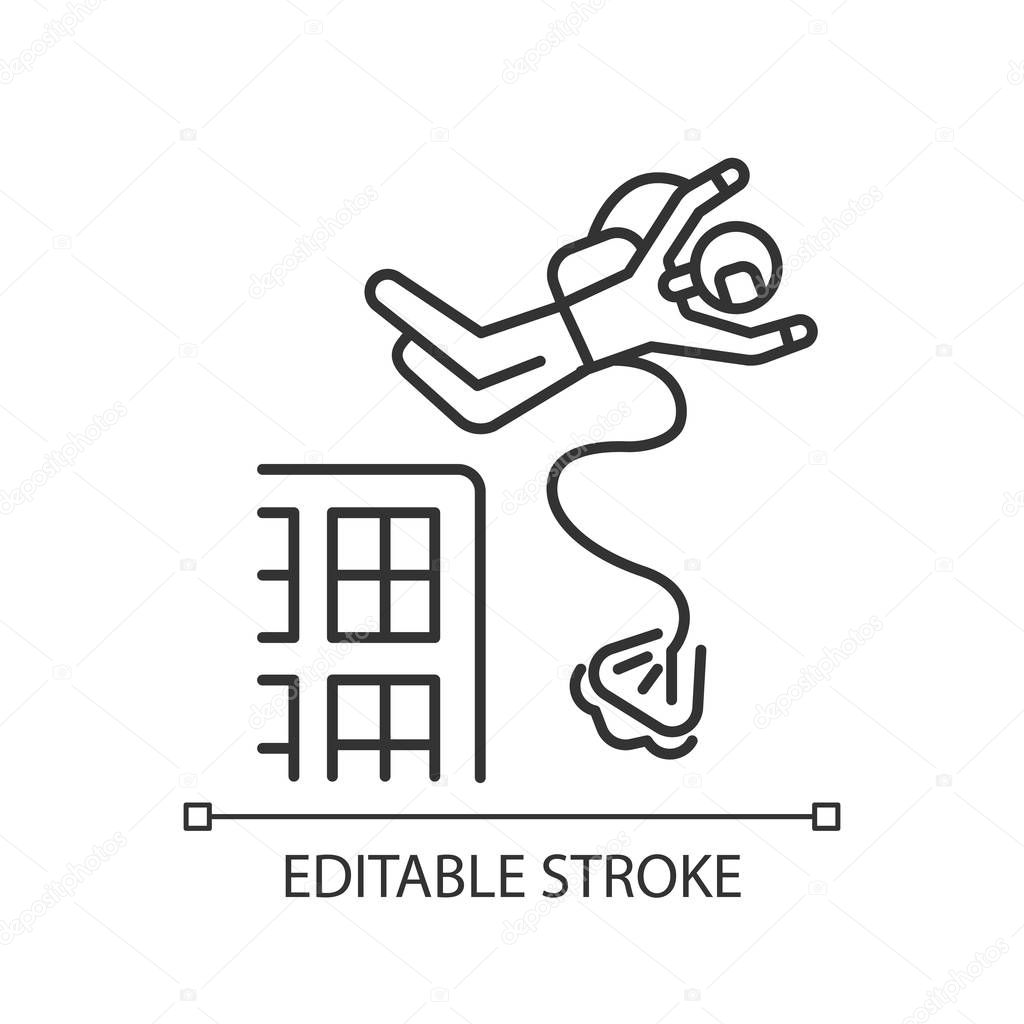 Base jumping linear icon. Parachuting. Skydiver, parachutist jumping from skyscraper, high rise building. Thin line illustration. Contour symbol. Vector isolated outline drawing. Editable stroke