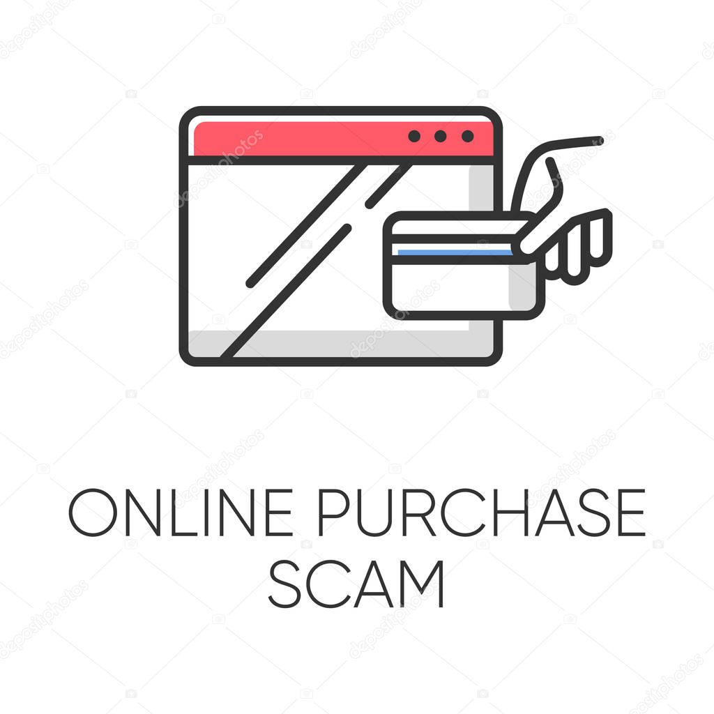 Online purchase scam color icon. Internet shopping scheme. Illegitimate seller. Fake retailer website. Cybercrime. Phishing. Consumer fraud. Malicious practice. Isolated vector illustration