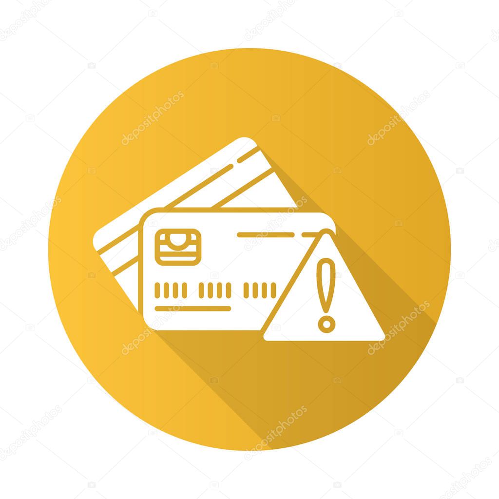 Credit cards debt yellow flat design long shadow glyph icon. Losing money online. Paying without cash. Bank credit danger. Borrow, lend money. Bankrupcy risk. Vector silhouette illustration