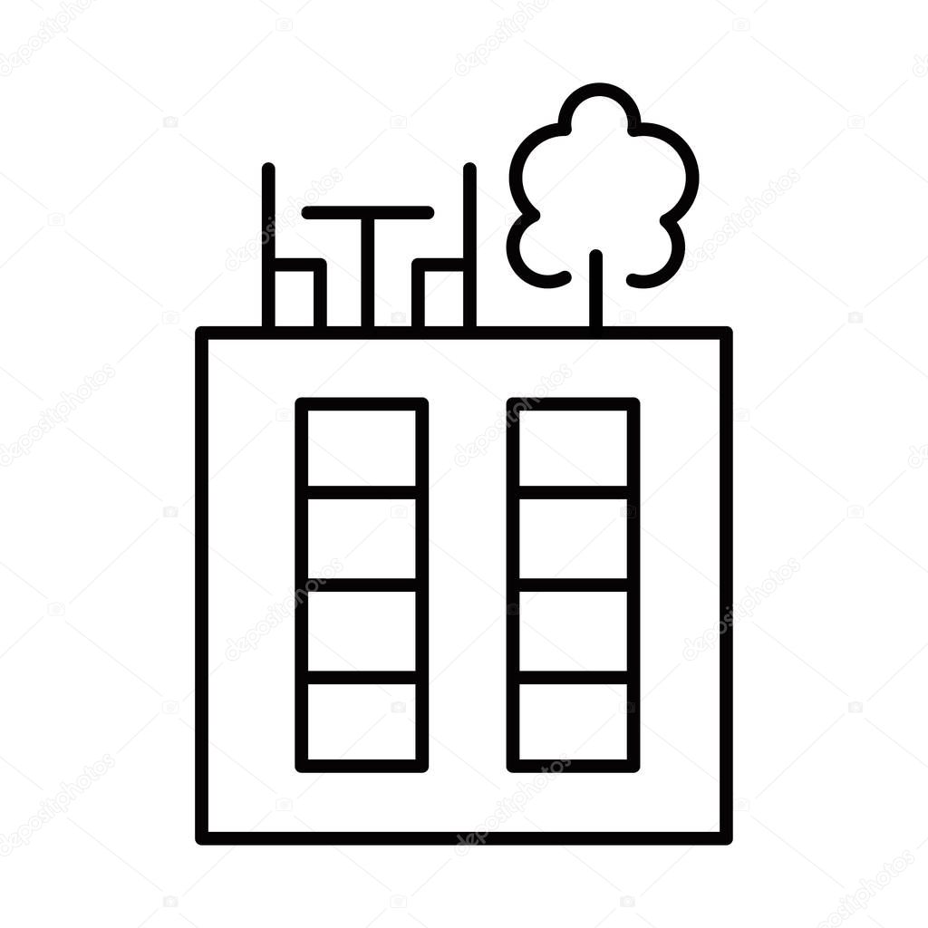 Rooftop deck linear icon. Panoramic terrace. Luxurious penthouse balcony. Garden space on roof. Sky park zone. Thin line illustration. Contour symbol. Vector isolated outline drawing. Editable stroke
