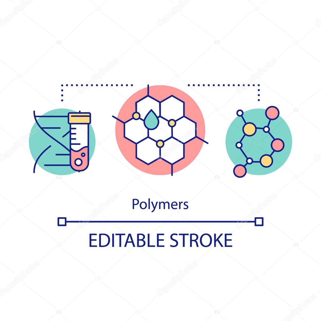 Polymers concept icon. Biomimetic materials. Biopolymers. Polymeric biomolecules. Molecular structure. Bioengineering idea thin line illustration. Vector isolated outline drawing. Editable stroke