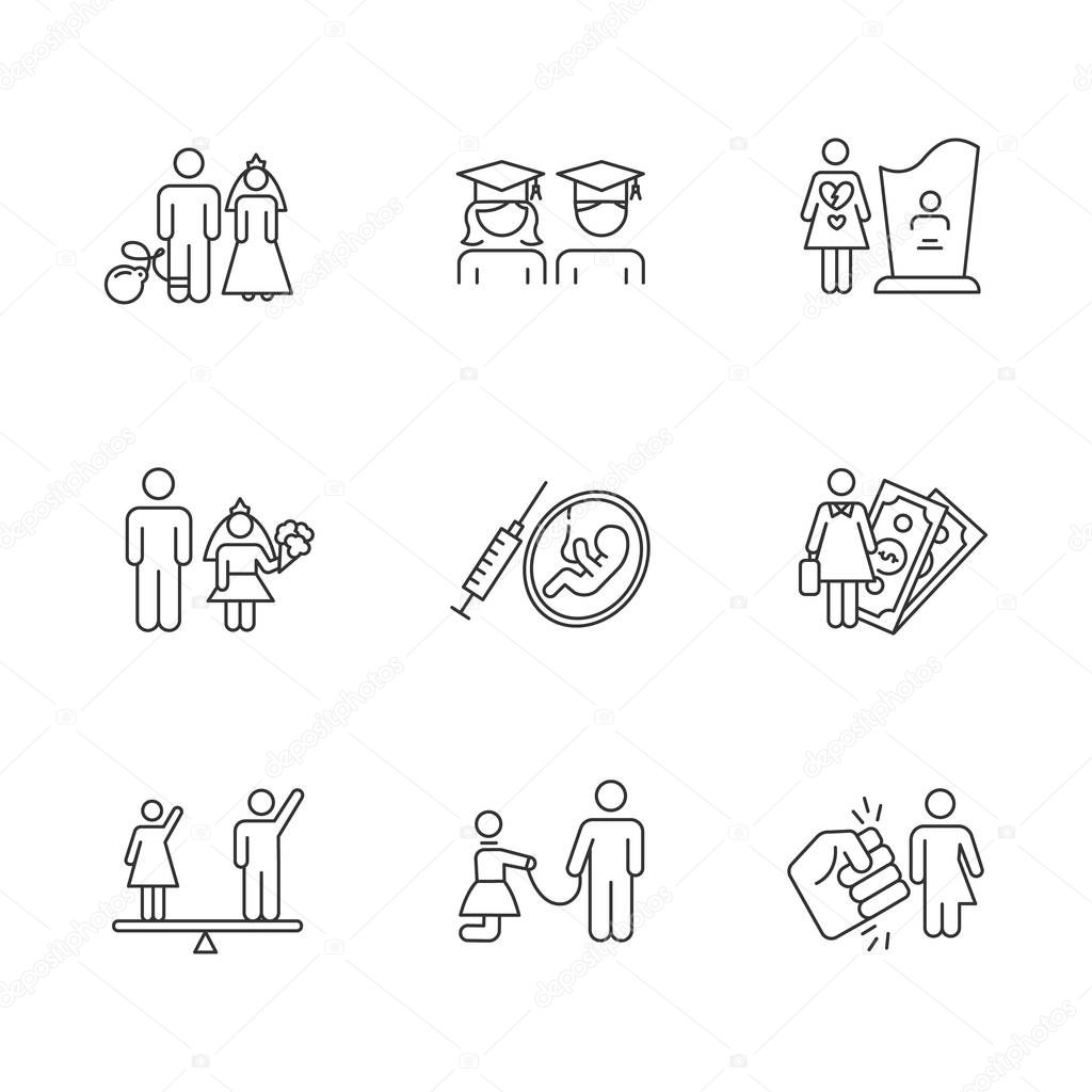 Gender equality linear icons set. Forced marriage. Education equality. Maternity mortality. Female economic activity. Thin line contour symbols. Isolated vector outline illustrations. Editable stroke