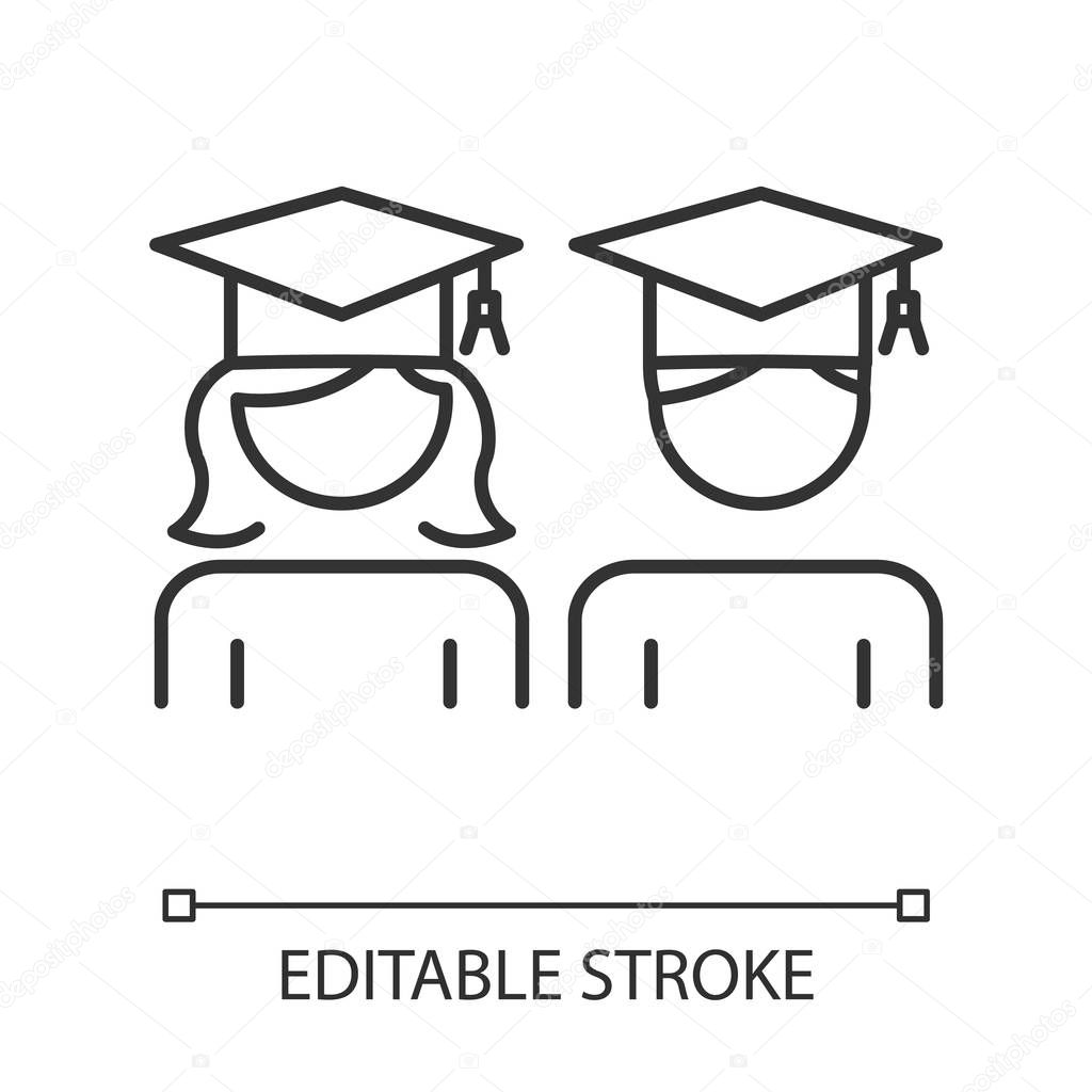 Education gender equality linear icon. College students. University graduates. Feminism, justice, democracy. Thin line illustration. Contour symbol. Vector isolated outline drawing. Editable stroke
