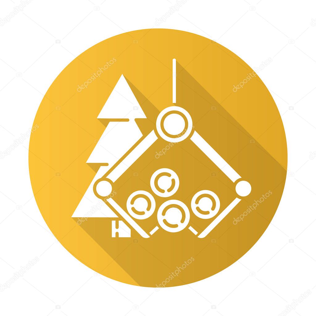 Timber industry yellow flat design long shadow glyph icon. Logging sector. Wood production. Lifting crane loading spruce logs. Technology for collecting tree trunks. Vector silhouette illustration