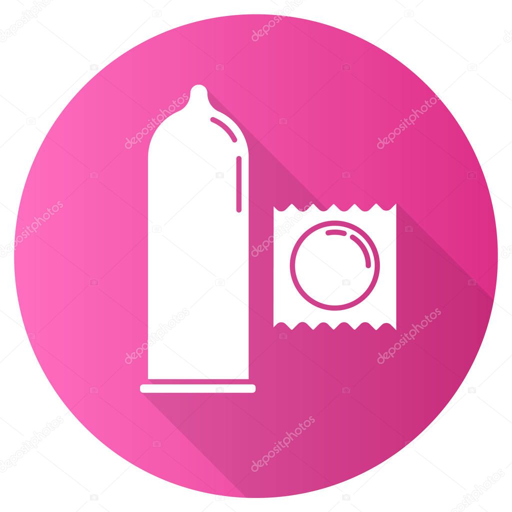 Condoms pink flat design long shadow glyph icon. Male contraceprtive. Safe sex. Protected intercourse. Birth control. Pregnancy prevention. AIDs protection. Vector silhouette illustration