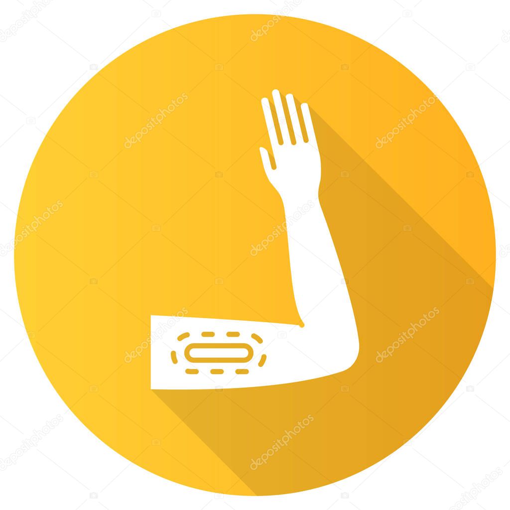 Contraceptive yellow flat design long shadow glyph icon. Female preservative. Pregnancy prevention, birth control with medical procedure. Underskin input on arm. Vector silhouette illustration