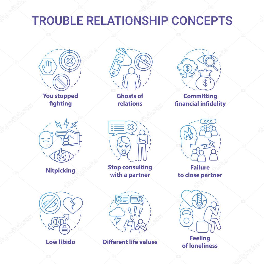 Trouble relationship concept icons set. Signs to be worry in marriage. Problems of mutual understanding idea thin line illustrations. Vector isolated outline drawings. Editable stroke
