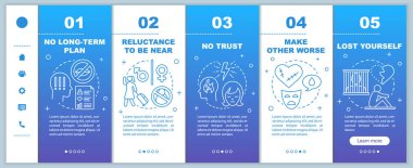 Mobil web sayfaları vektör şablonunda ilişkiler sorun yaşıyor. Güven yok. Doğrusal çizimlerle ilgili akıllı telefon web sitesi arayüzü fikri. Web sayfası basamak ekranları. Renk konsepti