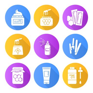 Ağda malzemesi düz dizayn uzun gölge sembolleri seti. Sıcak balmumu şeritli spatula. Kıl temizleme aletleri. Losyon, sprey, tüy dökücü yağ. Güzellik kozmetiği. Vektör silueti çizimi