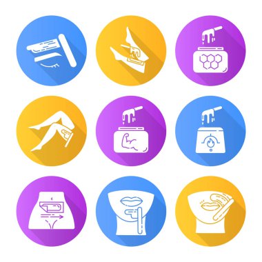 Düz dizayn uzun gölge simgeleri dizayn ediliyor. Bacak, üst dudak, çene kılı. Kavanozda soğuk, sıcak balmumu ve spatula. Depilasyon ekipmanları. Güzellik tedavisi. Vektör silueti çizimi