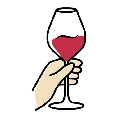 Barmen elinde kırmızı şarap ikonu tutuyor. Alkol içeceği, aperatif içecek. Şarap kadehi, cam eşyalar. Bar, restoran. Parti, tatil, kutlama. Şaraphane, şarap garsonu. İzole vektör illüstrasyonu