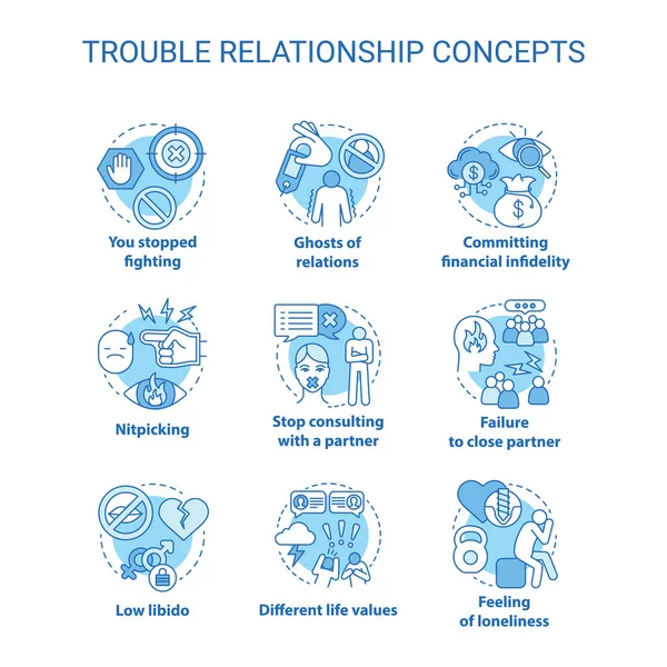 Sorunlu Ilişki Konsepti Simgeleri Ayarlandı Evlilikte Endişelenmek Için Işaretler Karşılıklı — Stok Vektör