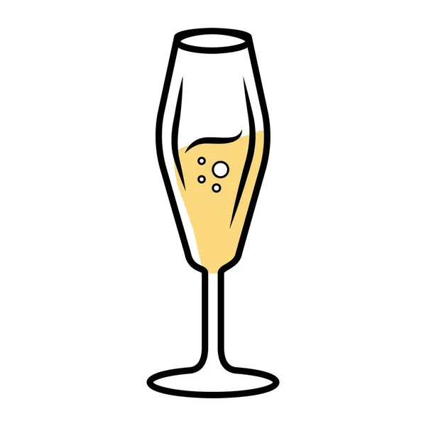フルートワイングラスイエロー色のアイコン スパークリングワインシャンパン泡とアルコール飲料 パーティーカクテルだ甘い食前酒だバー レストランの食器 ガラス製品 分離ベクトル図 — ストックベクタ