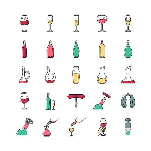 Ensemble Icônes Vin Verres Vin Différents Types Verrerie Boissons Alcoolisées — Image vectorielle