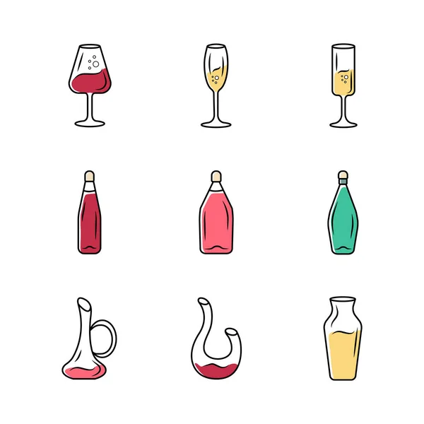 Weingut Gläser Ikonen Gesetzt Verschiedene Arten Von Wein Dekanter Flaschen — Stockvektor