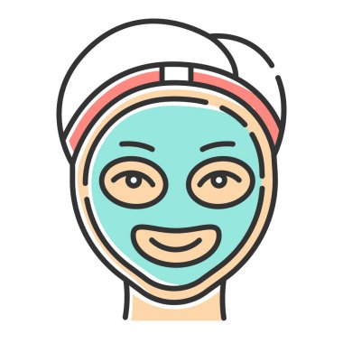 Kozmetoloji renk ikonu. Spa yüz tedavisi. Tıbbi prosedür. Yenilenme için kadın maskesi takın. Cilt bakımı ve sağlık sigortası. Profesyonel cilt temizleme. Güzellik salonu. İzole vektör illüstrasyonu