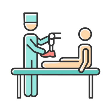 Protez renk simgesi. Cerrahi olmayan tıbbi prosedür. Doktor, hasta. Uzuvsuz bir ampüte. Mekanik bacak protezi. Profesyonel yaralanma tedavisi. Gazilere yardım. İzole vektör illüstrasyonu