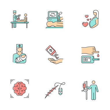 Tıbbi prosedürler renk simgeleri ayarlandı. Bacak protezleri. Ultrason taraması. Hamilelik bakımı ve pediyatri. Homeopati. Kan testi. Beyin taraması. Dikiş. Bırakan. İzole vektör çizimleri
