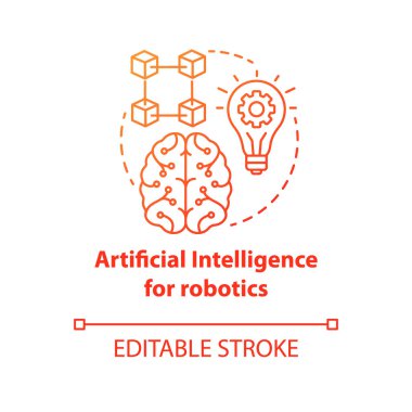 Robotik kırmızı konsept ikonu için yapay zeka. Akıllı bilgisayar sistemi fikri ince çizgi çizimi. Makine bilgisi. Düşünüyorum ve analiz ediyorum. Vektör izole çizim. Düzenlenebilir vuruş