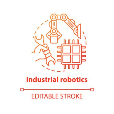 Endüstriyel robotik kırmızı konsept ikonu. Teknoloji fikri ince çizgi çizimi. Robot türleri, sınıflandırma. Bilgisayar inşa ediyor. Vektör izole çizim. Düzenlenebilir vuruş