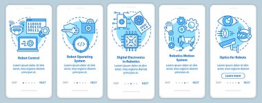 Mobil uygulama sayfa vektör şablonu üzerinde robotik kurslar. Robotlar öğrenme ve geliştirme. Doğrusal çizimler içeren web sitesi adımları. Ux, Ui, Gui akıllı telefon arayüzü kavramı
