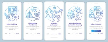 Mobil uygulama sayfa vektör şablonu üzerinde robotik kurslar. Robot mühendisliği okuyorum. Doğrusal çizimler içeren web sitesi adımları. Ux, Ui, Gui akıllı telefon arayüzü kavramı