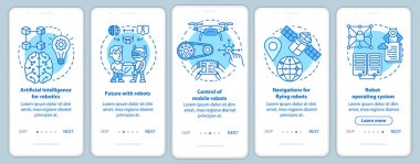 Mobil uygulama sayfa vektör şablonu üzerinde robotik kurslar. Robot kontrolü öğreniyorum. Doğrusal çizimler içeren web sitesi adımları. Ux, Ui, Gui akıllı telefon arayüzü kavramı