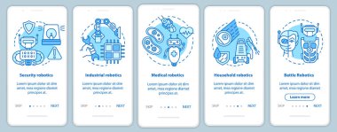 Mobil uygulama sayfa ekran şablonu üzerinde robotik tipi. Endüstriyel, tıbbi, savaş robotları. Doğrusal çizimler içeren web sitesi adımları. Ux, Ui, Gui akıllı telefon arayüzü kavramı