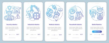Mobil uygulama sayfa ekran şablonu üzerinde robotik tipi. Gardiyan, endüstriyel, savaş robotları. Doğrusal çizimler içeren web sitesi adımları. Ux, Ui, Gui akıllı telefon arayüzü kavramı